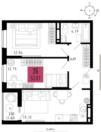 Планировка 2-комн 53,01 м²