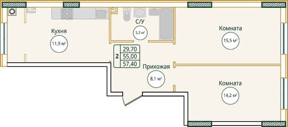 Планировка 2-комн 57,4 м²