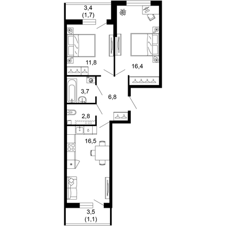 Планировка 2-комн 60,3 - 60,8 м²