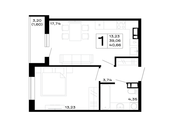 Планировка 1-комн 40,66 м²