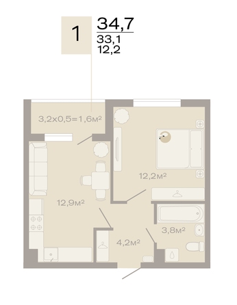 Планировка 1-комн 34,7 м²