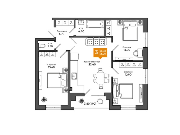Планировка 3-комн 76,2 м²