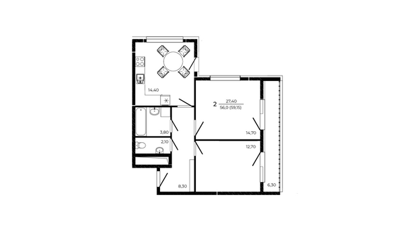 Планировка 2-комн 59,15 м²