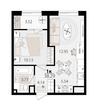 Планировка 1-комн 37,85, 38 м²