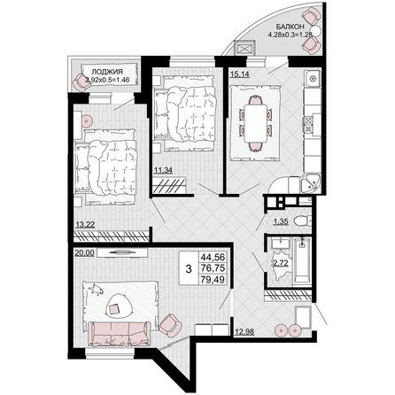 Планировка 3-комн 79,49 м²