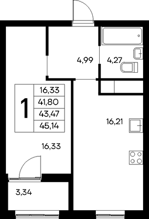 Планировка 1-комн 45,14, 45,47 м²