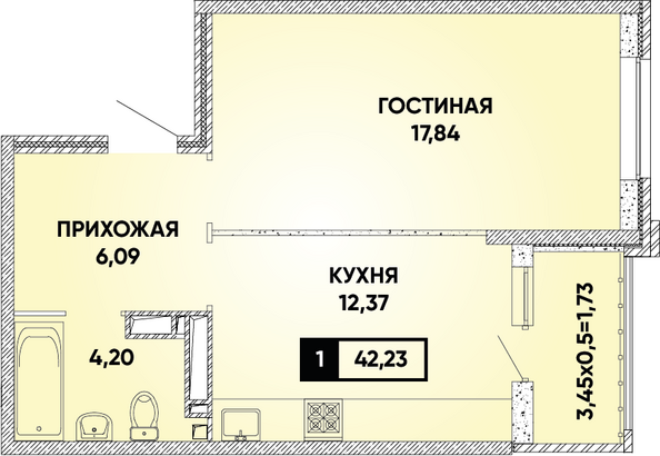 Планировка 1-комн 42,23 м²