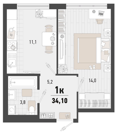 Планировка 1-комн 34,1 м²