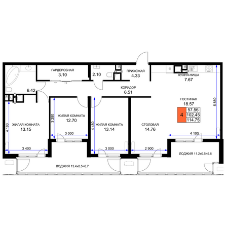 Планировка 4-комн 114,75 м²