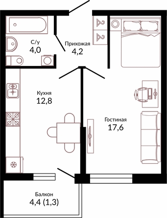 Планировка 1-комн 39,9 м²