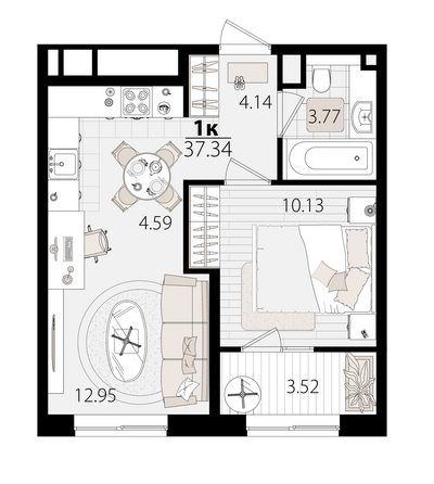 Планировка 1-комн 37,06 м²