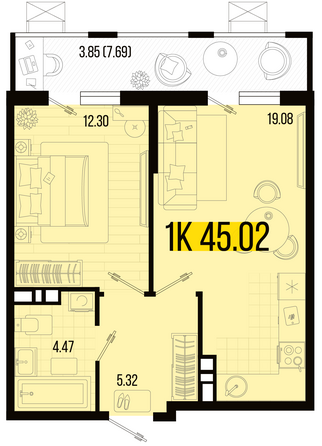 Планировка 1-комн 45,02 м²