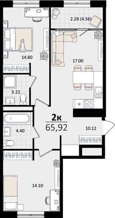 Планировка 2-комн 65,92 м²