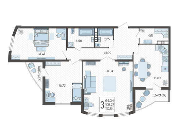 Планировка 3-комн 110,84 м²