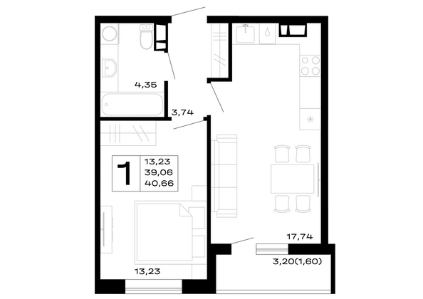Планировка 1-комн 40,66 м²