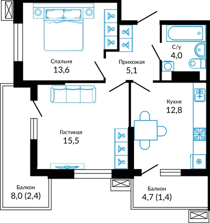 Планировка 2-комн 54,8 м²