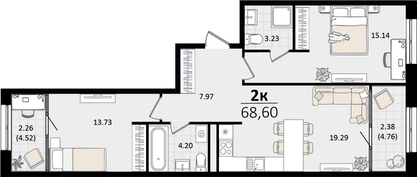 Планировка 2-комн 68,6 м²