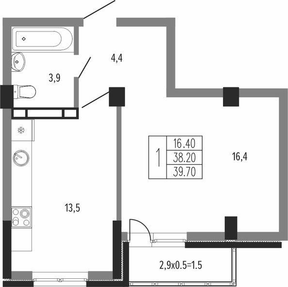 Планировка 1-комн 39,7 м²