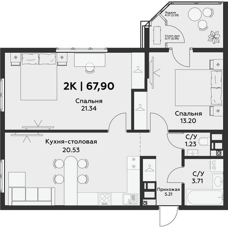 Планировка 2-комн 67,9 м²