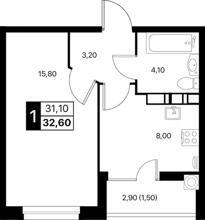 Планировка 1-комн 32,6 м²