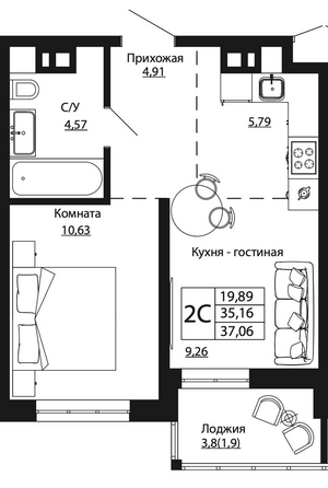 Планировка 2-комн 37,06 м²