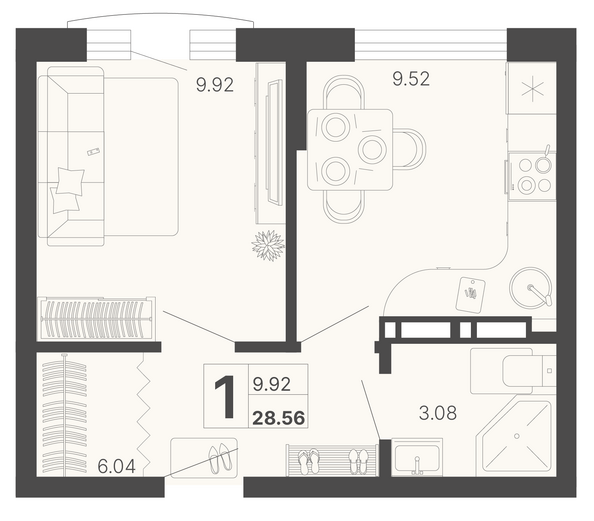 Планировка 1-комн 28,56 м²