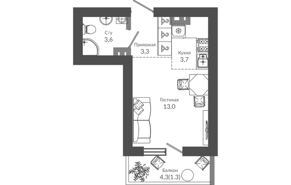 Планировка 1-комн 24,9 м²