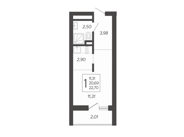Планировка 1-комн 22,7 м²