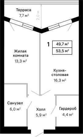 Планировка 1-комн 53,5 м²