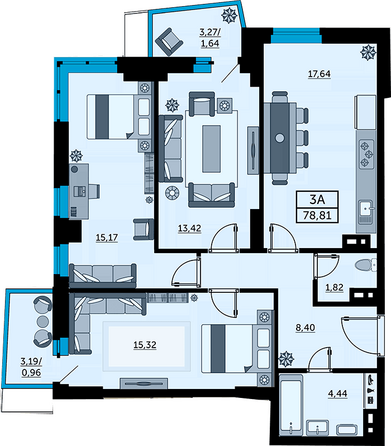 Планировка 3-комн 78,52 - 79,62 м²