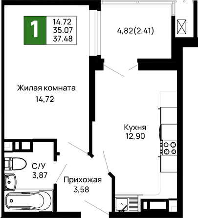 Планировка 1-комн 37,48 м²