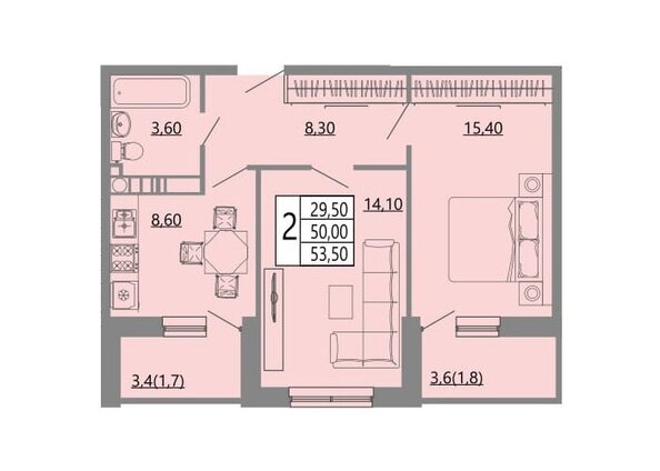 Планировка 2-комн 53,5 м²