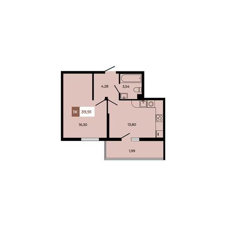 Планировка 1-комн 39,91 м²