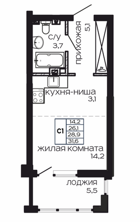 Планировка 1-комн 31,6 м²