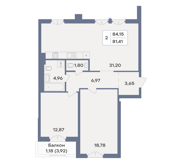 Планировка 2-комн 84,15 м²