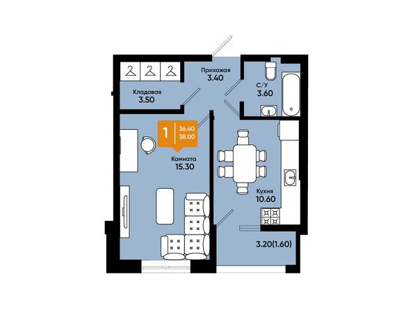 Планировка 1-комн 38 м²