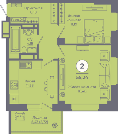 Планировка 2-комн 55,04 - 55,54 м²