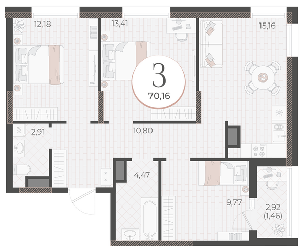 Планировка 3-комн 70,16 м²