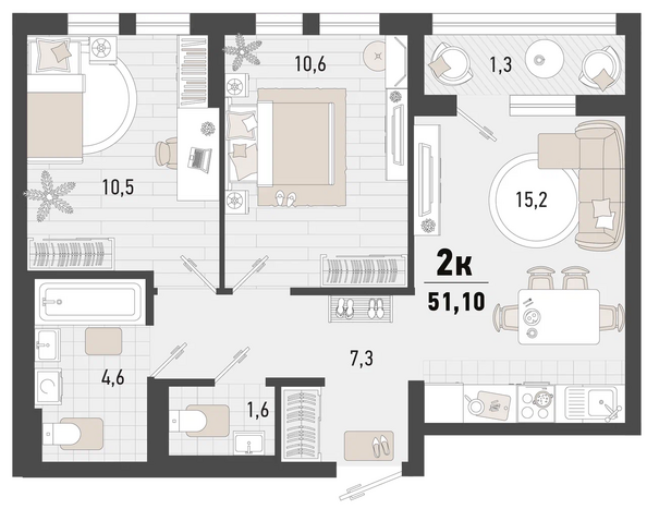 Планировка 2-комн 51,1 м²
