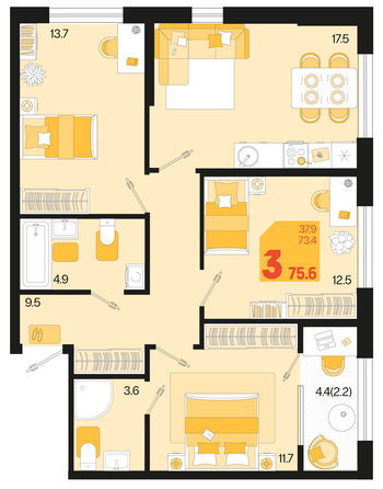 Планировка 3-комн 75,6 м²