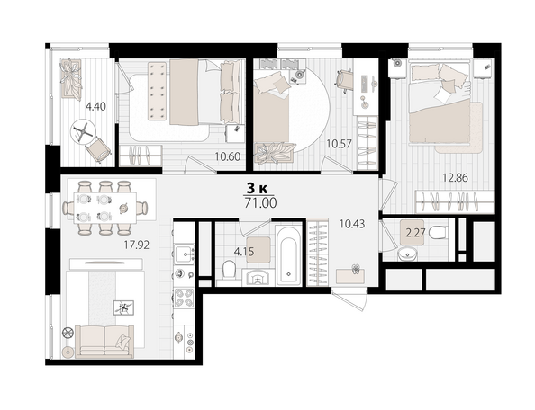 Планировка 3-комн 70,59 м²
