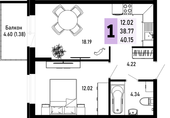 Планировка 1-комн 40,15 м²