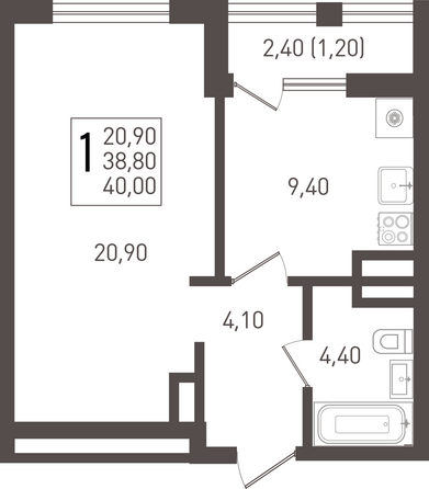 Планировка 1-комн 40 м²