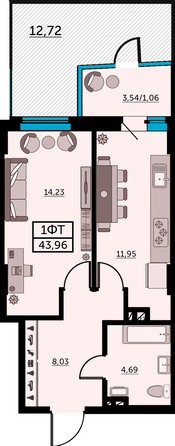 Планировка 1-комн 43,96 м²