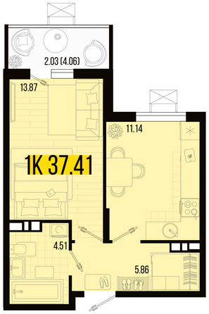 Планировка 1-комн 37,41 м²