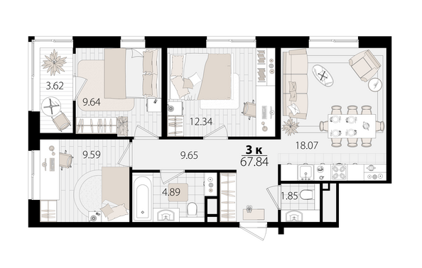 Планировка 3-комн 67,21 м²