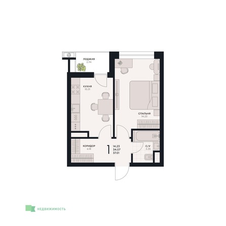 Планировка 1-комн 37,01 м²