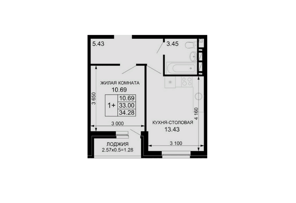 Планировка 1-комн 34,28 - 35,21 м²