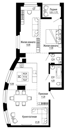 Планировка 3-комн 79,46 м²