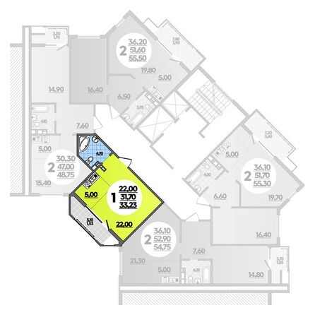 Планировка 1-комн 33,23 м²